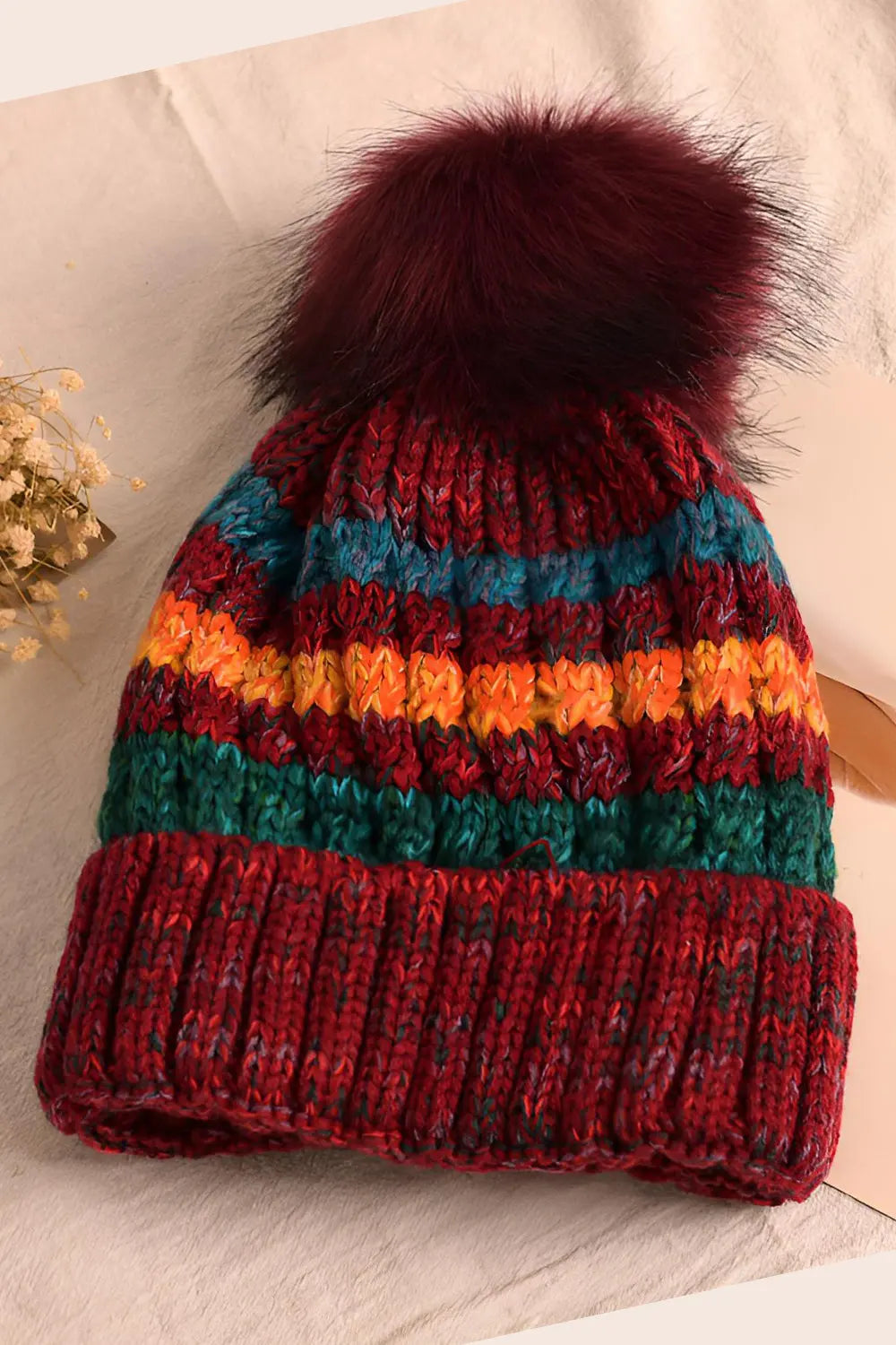 Color Striped Wool Hat - Wine Red - Strange Clothes