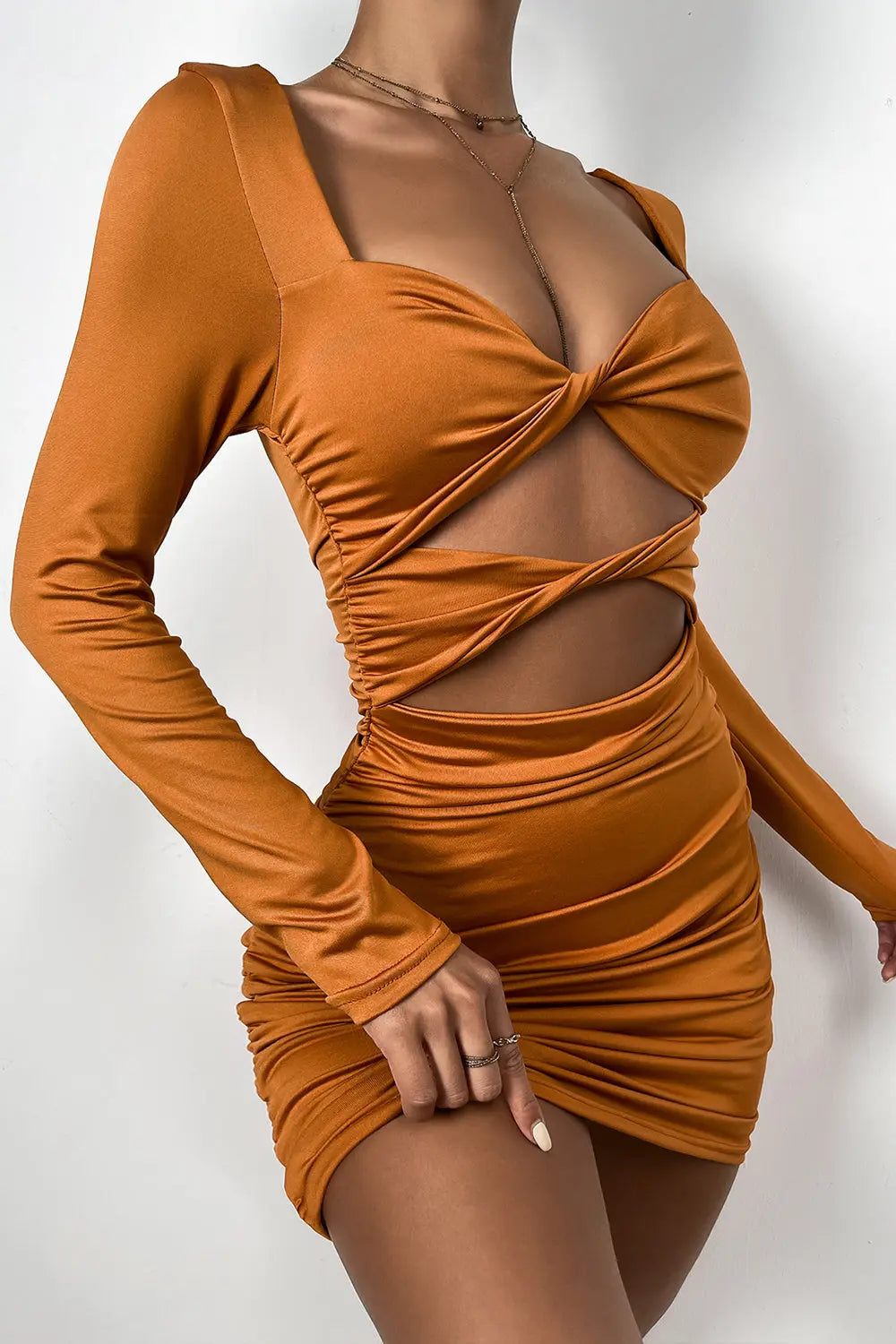 Deep V Hollow Pleated Dress - Orange - Strange Clothes