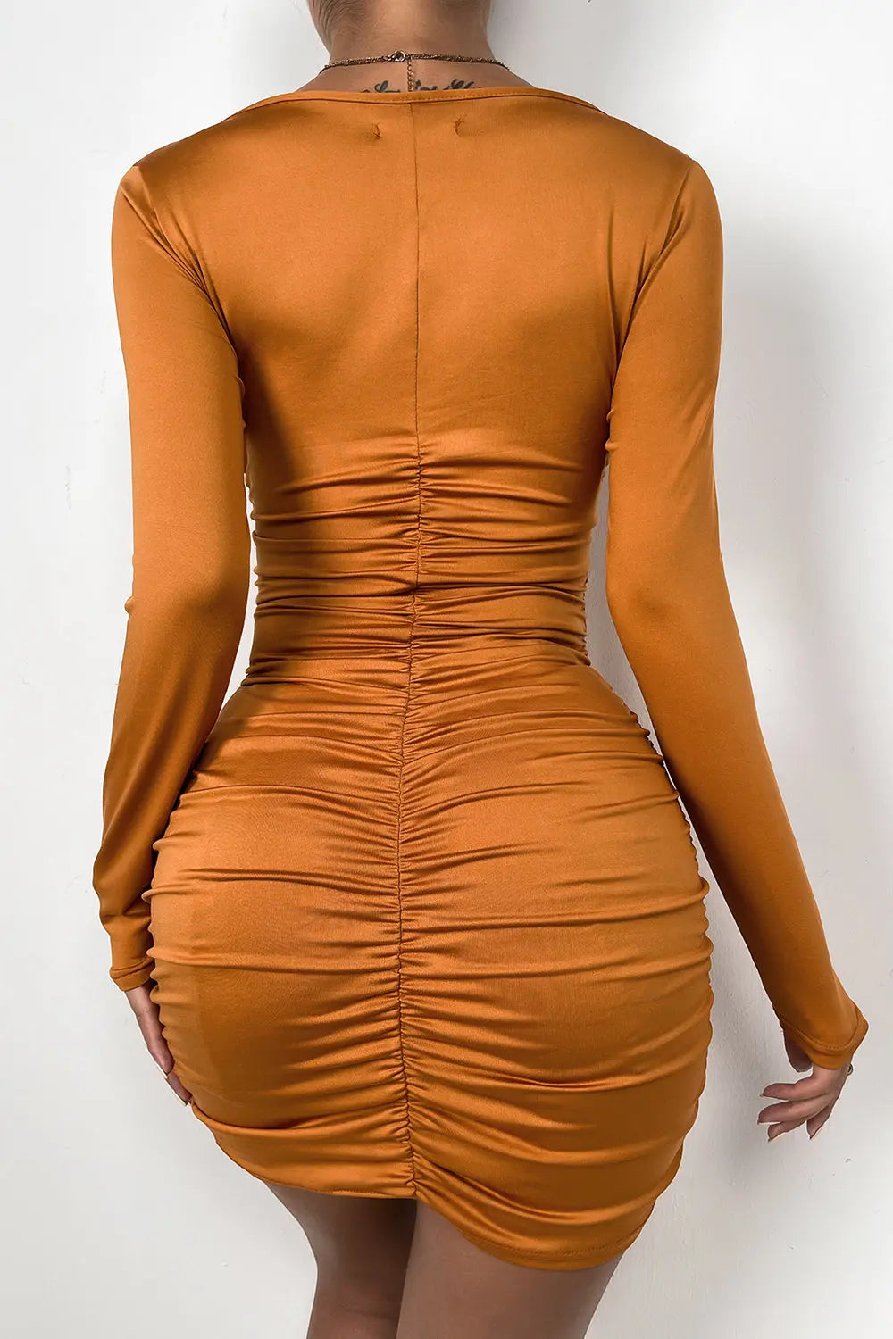 Deep V Hollow Pleated Dress - Orange - Strange Clothes