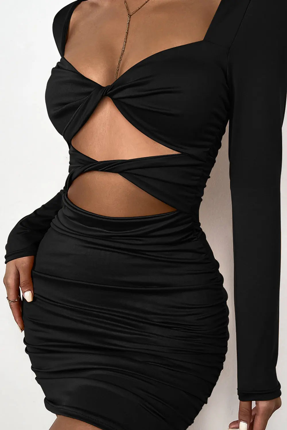 Deep V Hollow Pleated Dress - Black - Strange Clothes