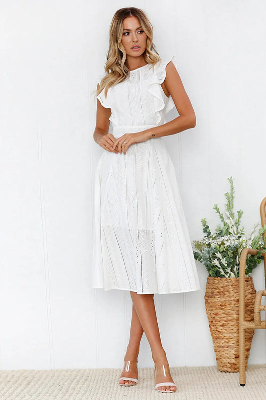 Irregular Round Neck Lace Dress - White - Strange Clothes